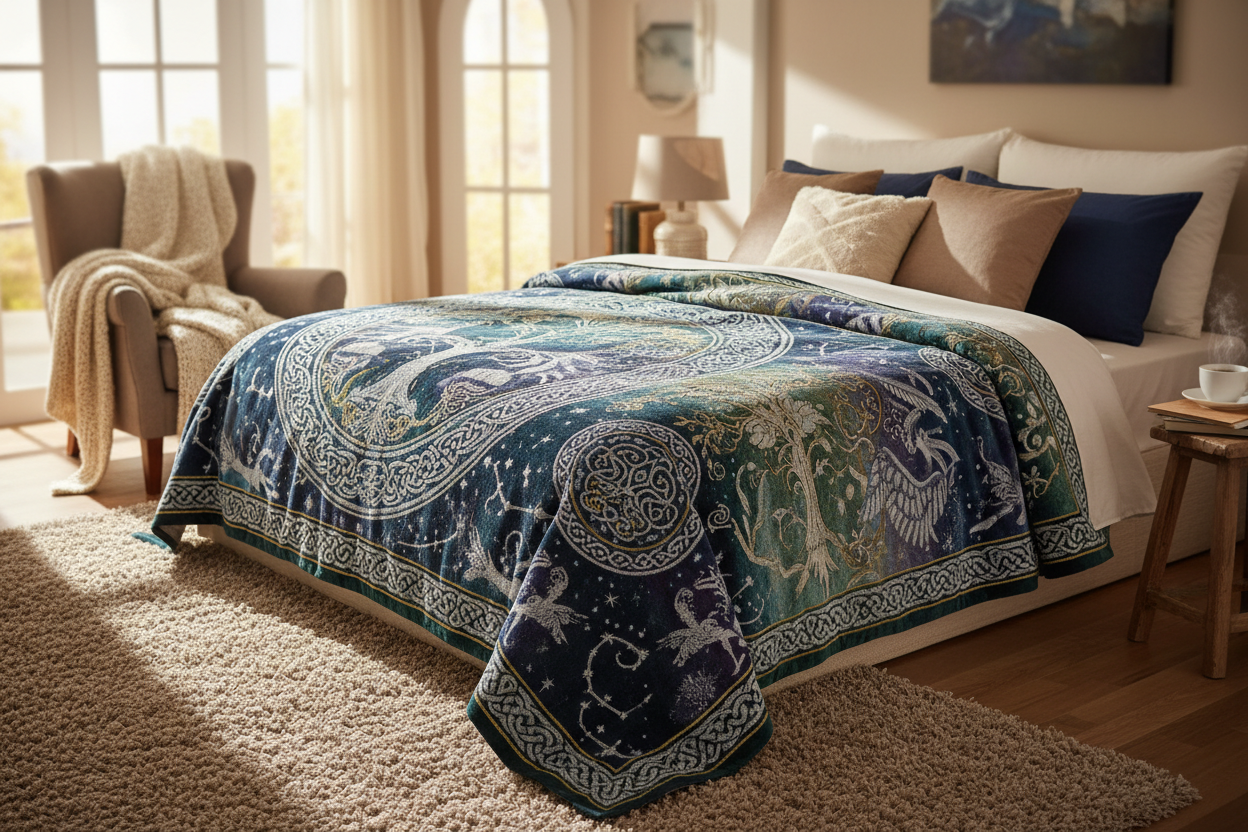 A comfortable home interior scene showing a blanket in everyday use — folded over a chair, or spread across a bed. Natural light, soft textures, relaxed atmosphere. The fantasy design feels elegant and cozy, not overwhelming.