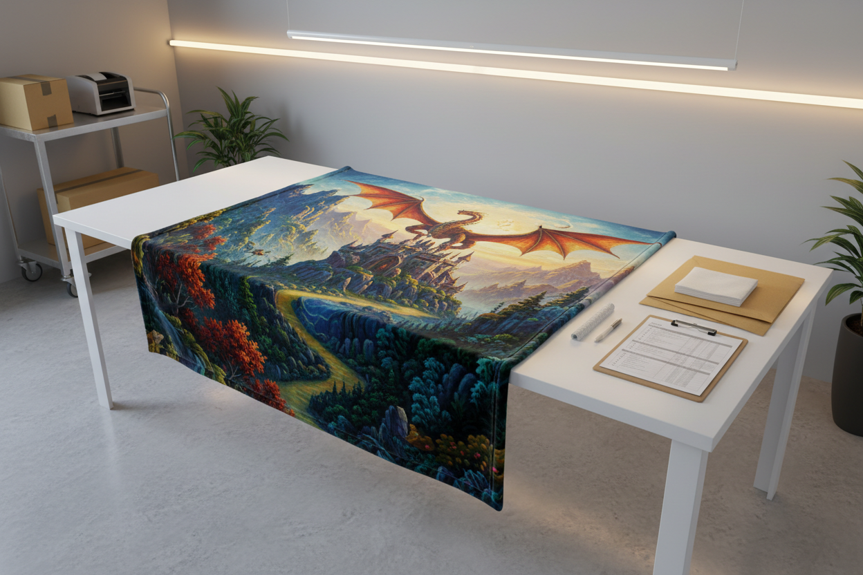 A modern, clean production-adjacent workspace that suggests print-on-demand fulfillment. A large fantasy-themed blanket draped broadly across a wide table or inspection surface so the artwork is clearly visible. The blanket is the hero, fully visible. Nearby are subtle signs of quality review; a checklist, neatly placed packing materials, kept minimal and unobtrusive. Environment is professional, and intentional. Neutral tones, warm lighting, contemporary finishes. Mood is reassuring and trustworthy.