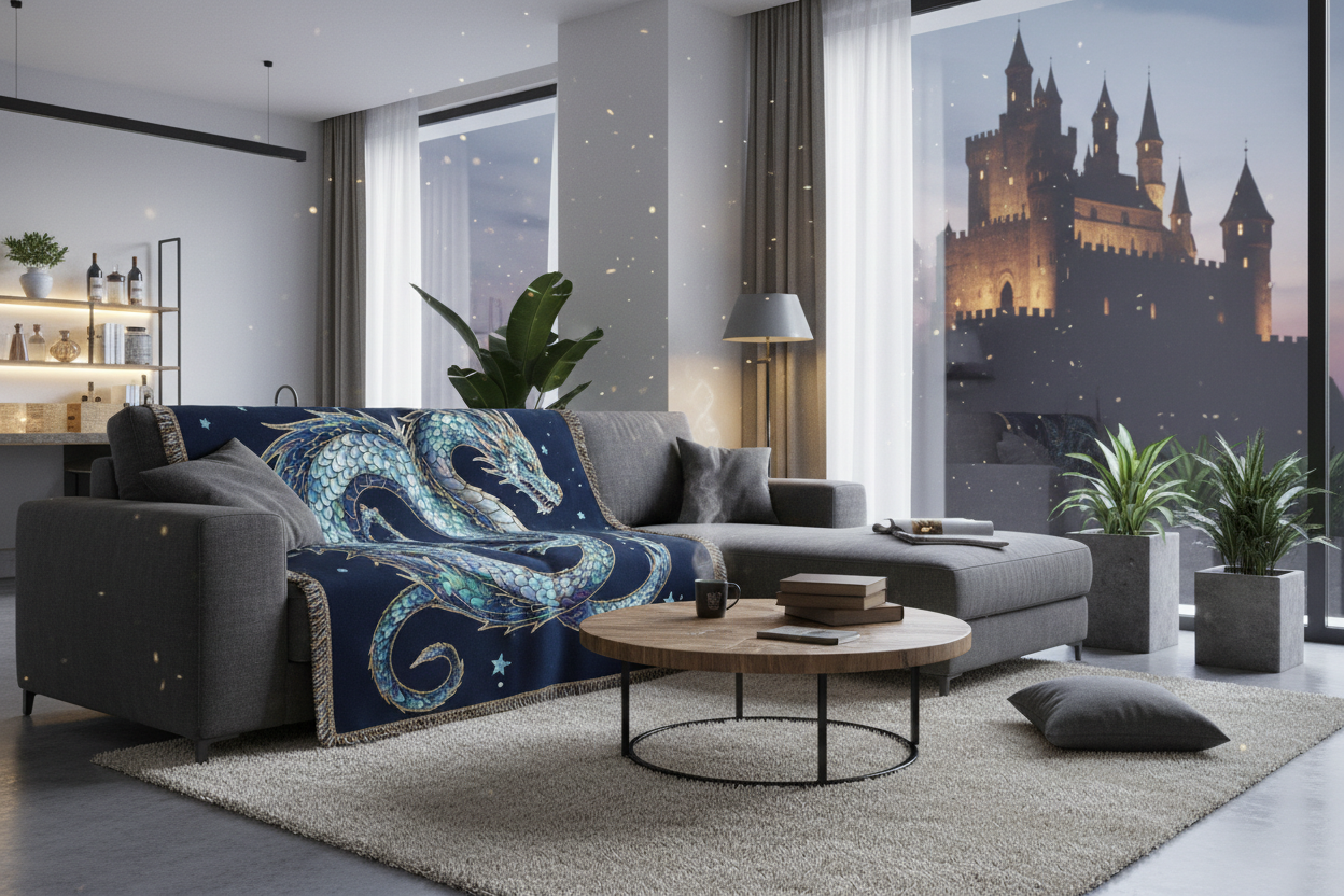A modern, cozy living room with clean lines and warm lighting. A fantasy-themed blanket featuring an elegant dragon motif draped across a sofa. Through the window, a distant castle silhouette replaces a city skyline, softly glowing at dusk. A few subtle magical particles float in the air, barely noticeable. The scene feels realistic and lived-in, with unmistakable fantasy influence. Premium home décor photography style.