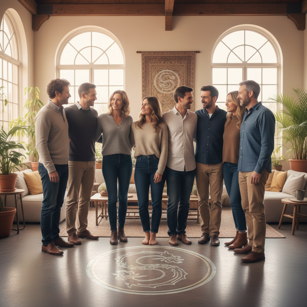 A photorealistic modern scene in a square composition featuring a diverse group of adults in contemporary everyday clothing, standing together in a warm, welcoming environment. Natural expressions, relaxed body language, and a sense of connection and appreciation. Soft, neutral lighting with gentle pastel undertones creates a calm, trustworthy mood. A subtle fantasy element is present: a faint, elegant dragon crest or rune incorporated naturally into the environment, such as a soft reflection, wall detail, 
