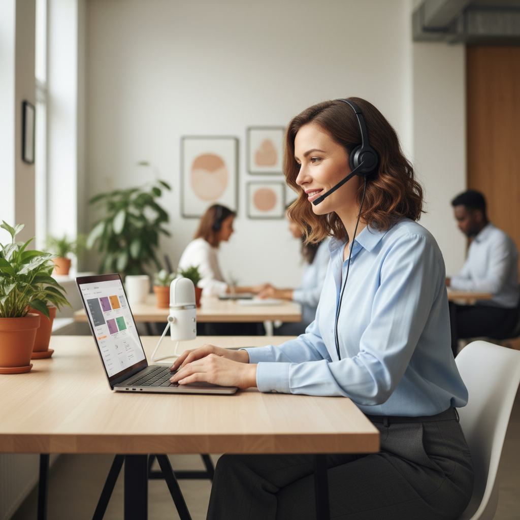 A photorealistic modern scene in a square composition showing a customer support professional in contemporary work-casual clothing seated at a desk, actively assisting a customer. The person is focused on a laptop displaying a support interface or inbox (no readable text), with a headset or desk microphone visible to clearly indicate customer service work. The posture and expression convey attentiveness, care, and professionalism. Soft natural lighting and warm neutral tones create a calm, reassuring atmosp