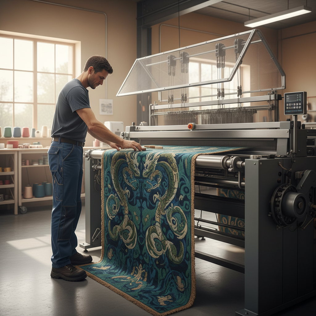 A photorealistic modern workshop scene in a square composition featuring a man in blue-collar work clothes carefully operating an automatic loom. The environment feels clean, professional, and contemporary, with soft natural lighting and warm neutral tones. A woven blanket is visible on the loom, displaying a fantasy-inspired design (no readable text), suggesting a made-to-order product in progress.